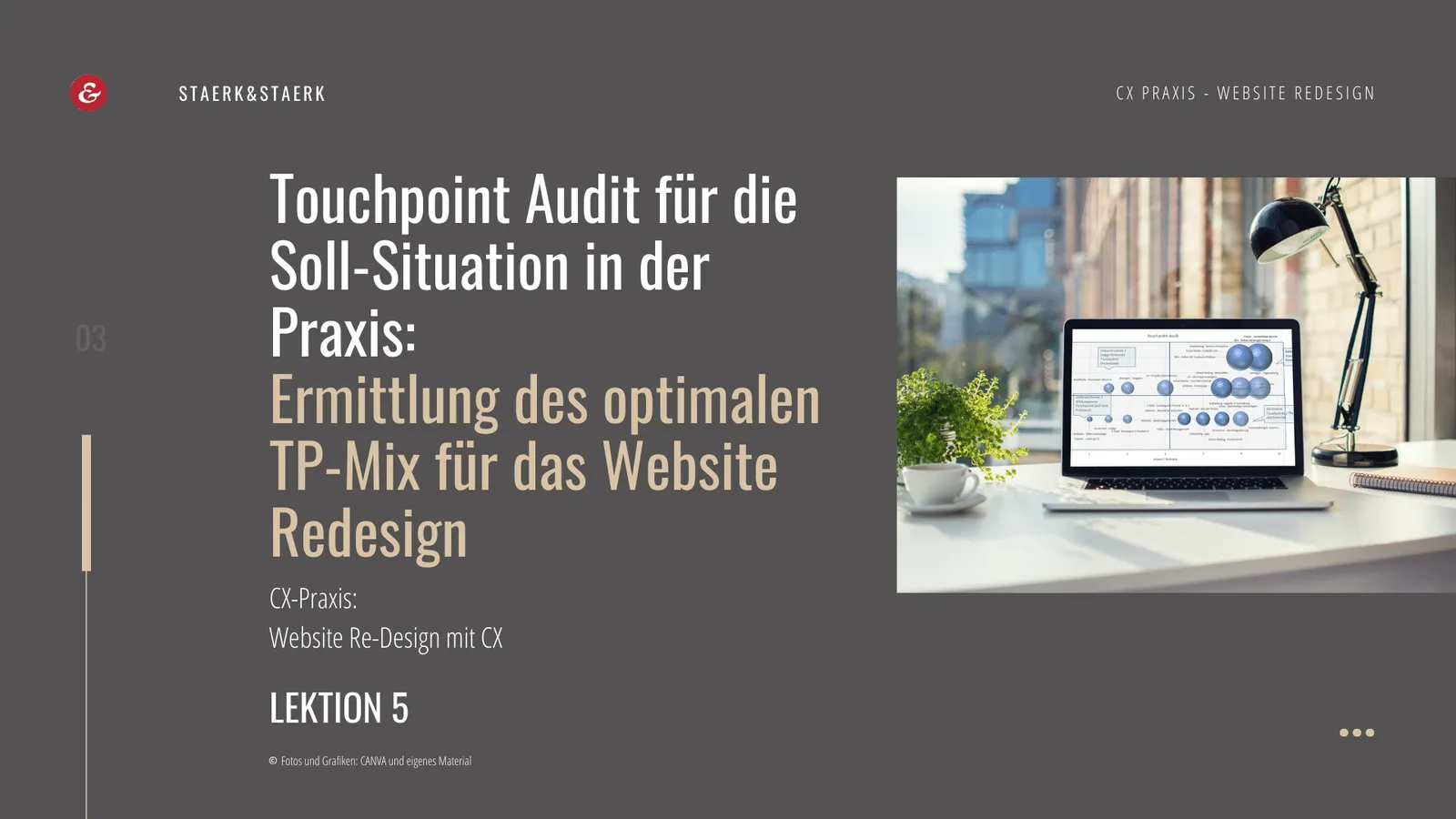 Videolektion 5 zum Touchpoint Audit mit Laptop-Szene im Büro und Themenbeschreibung zur TP-Mix Optimierung