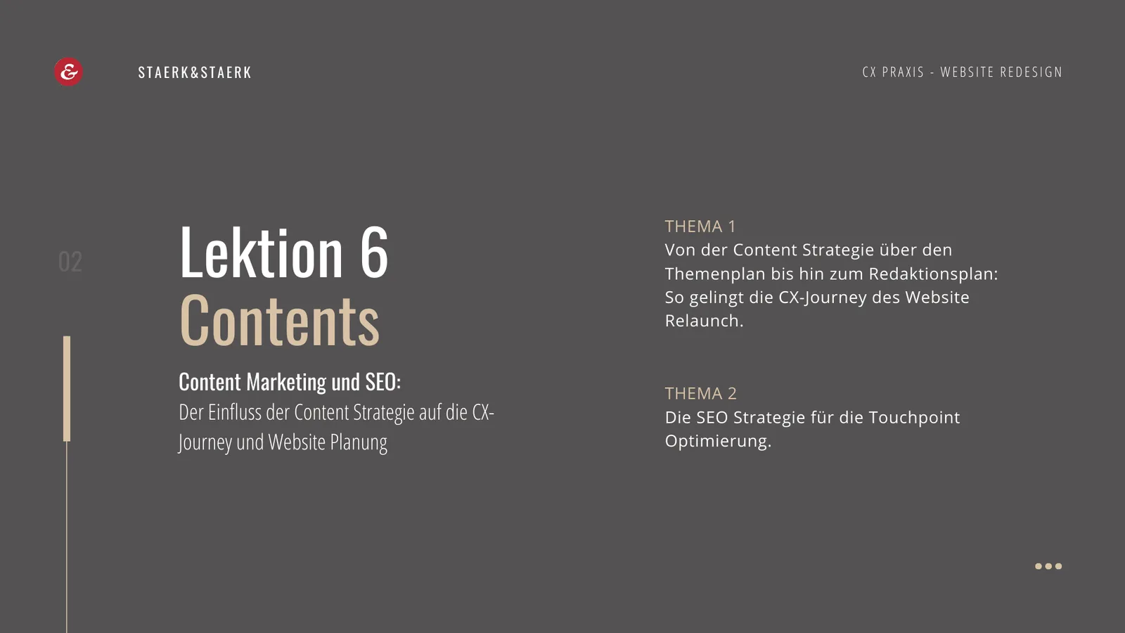 Videolektion 6 Content-Übersicht mit Inhalten zu Content-Strategie, Themenplan und Redaktionsplan