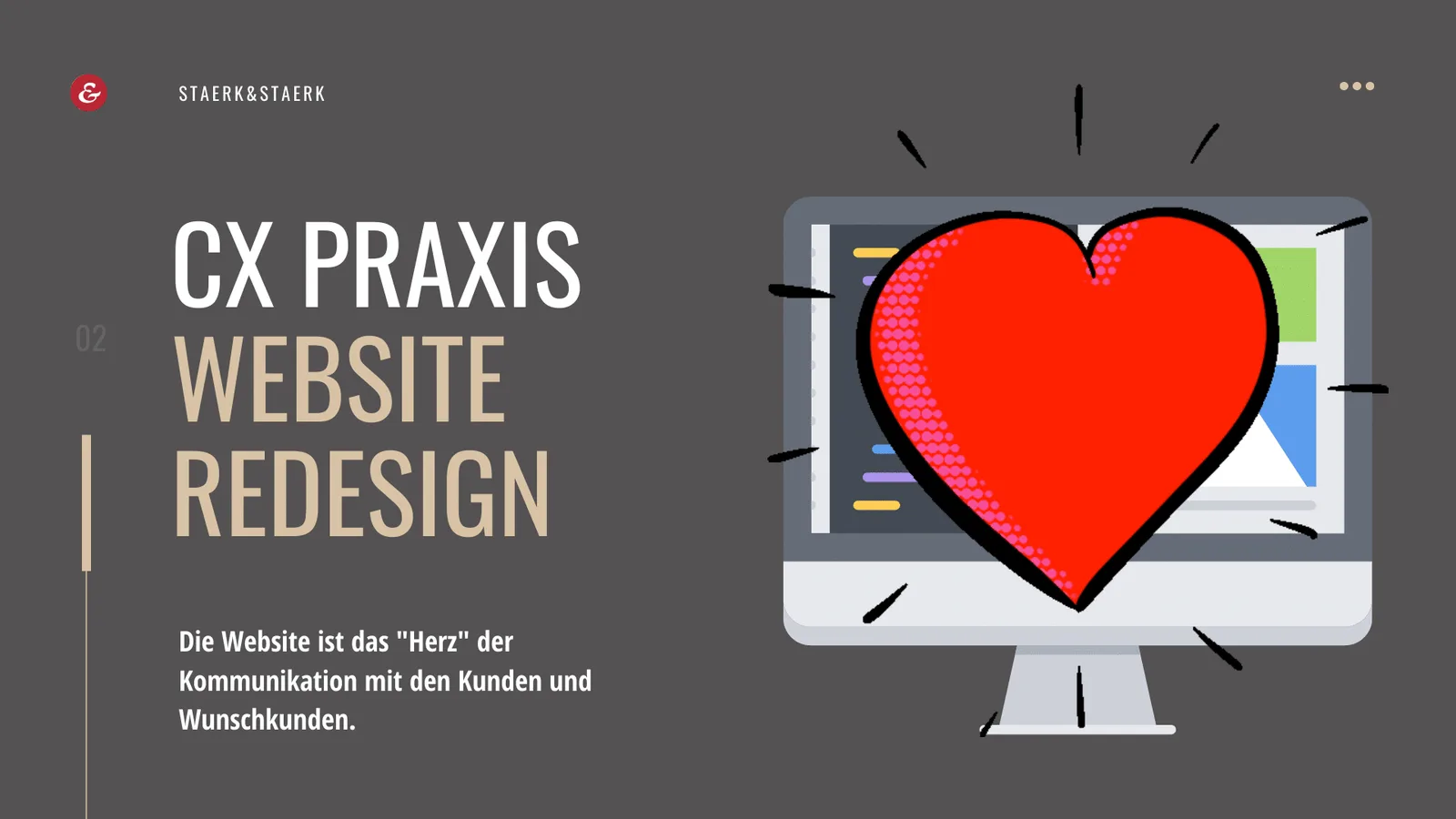 Kursübersicht Lektion 2 mit rotes Herz-Icon auf Monitor, Thema Website Re-Design mit CX: Ziele, Benefits und Phasen der Journ