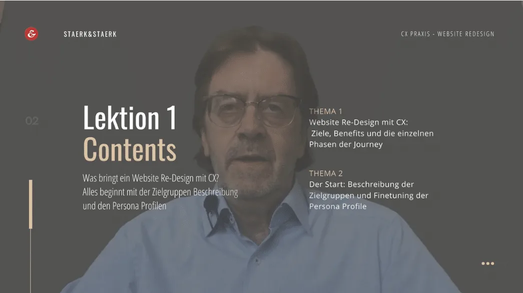 Videolektion 1 mit Person und Kurs-Titel, Thema Website Re-Design mit CX: Ziele, Benefits und Phasen der Journey