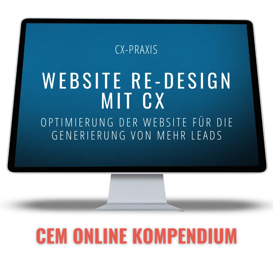 Monitor-Mockup mit Kurs-Titel Website Re-Design mit CX und Untertitel zur Optimierung der Website für Lead-Generierung