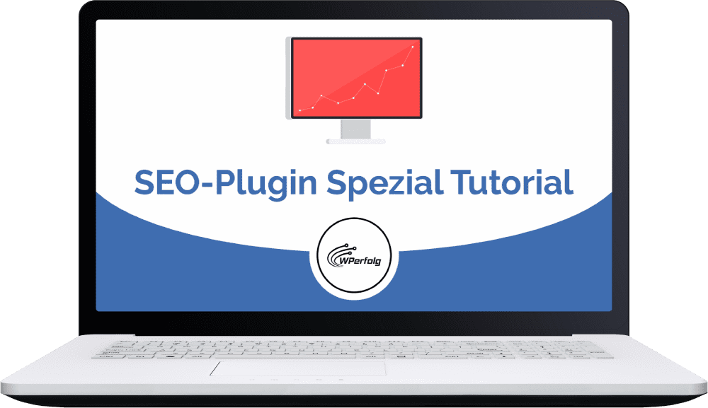 Laptop-Mockup mit SEO-Plugin Spezial Tutorial Landingpage und WPerfolg Logo