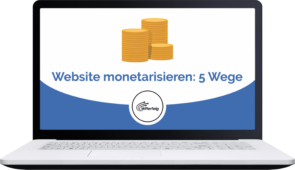 Laptop-Mockup zeigt Website monetarisieren 5 Wege Bonus mit Geldstapel-Symbol