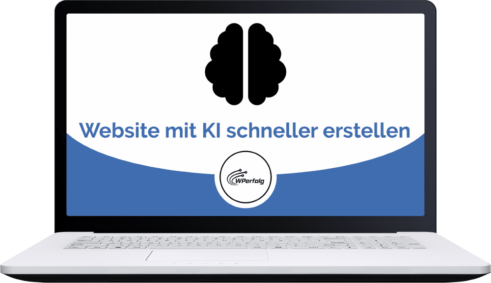 Laptop-Mockup mit KI-Gehirn-Symbol und Website mit KI schneller erstellen Bonus-Anleitung