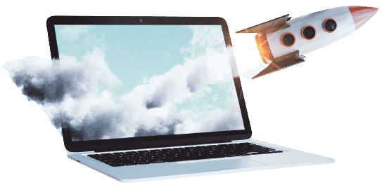 Laptop mit Cloudgrafik und auffliegender Rakete, symbolisiert Website-Erfolg und schnellen Start