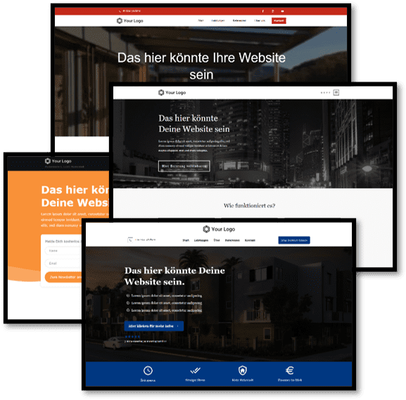 Mehrere Website Vorlagen 2023 mit verschiedenen Layouts und Farbschemen in gestapelter Darstellung