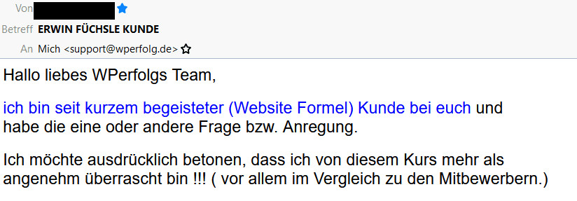 Kundenbewertung von Erwin Füchsle zur Website Formel, positive Testimonial mit Bewertung