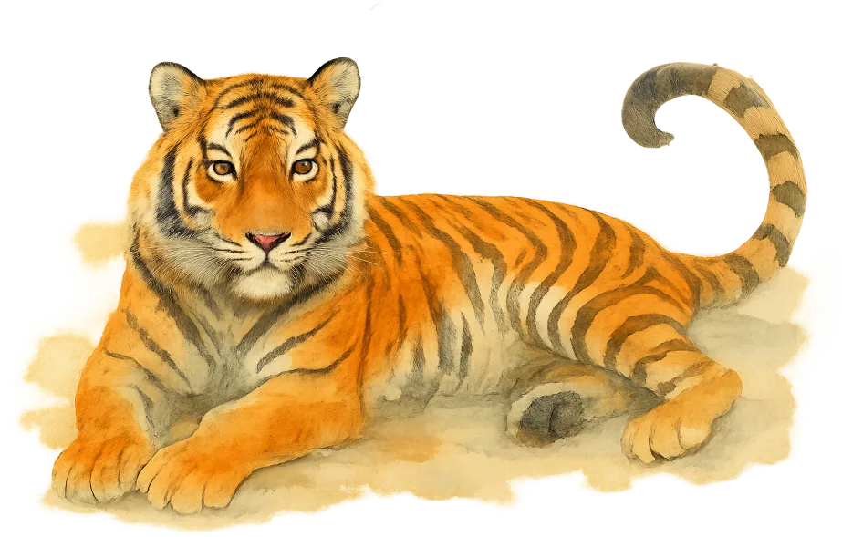 Wecke den Tiger – Live-Seminar zur Selbstheilung von Lea Hamann 6 Aquarell-Illustration eines Tigers mit intensivem Blick, liegend auf beige Hintergrund