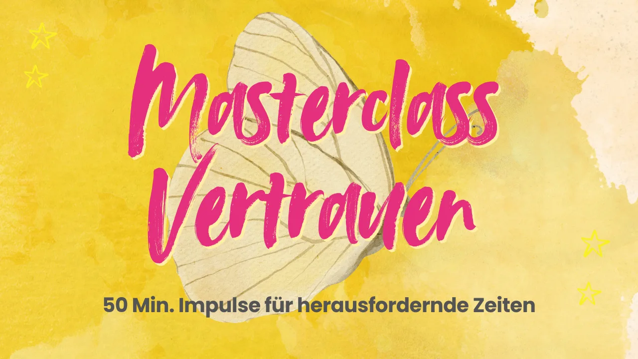 Wecke den Tiger – Live-Seminar zur Selbstheilung von Lea Hamann 11 Masterclass Vertrauen: weiße Schmetterlingsflügel vor gelbem Hintergrund mit goldenen Sternen