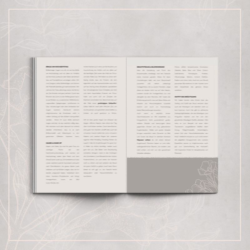 Wedding Guide Doppelseite mit zweispaltiger Textlayouts und dezenter Floralverzierung