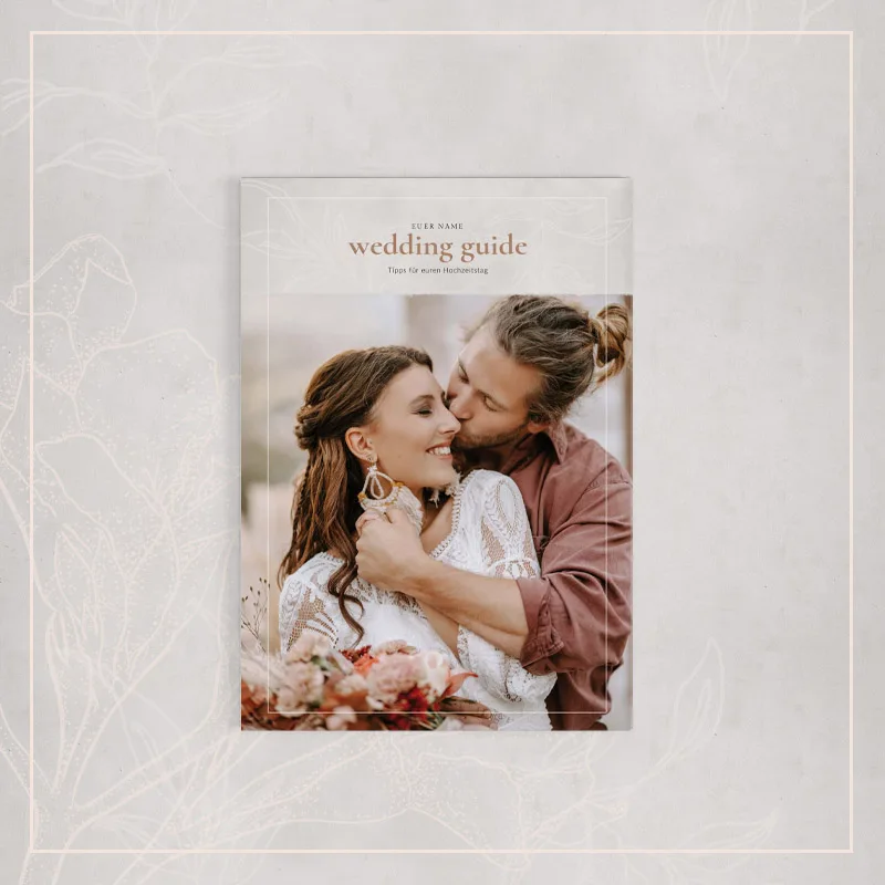 Wedding Guide Doppelseite einzeln vor weißem Hintergrund, elegant gerahmt