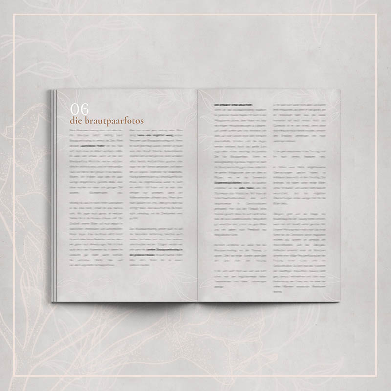 Wedding Guide Doppelseite Kapitel 06 'die brautpaarfotos' mit zweispaltigem Textlayout