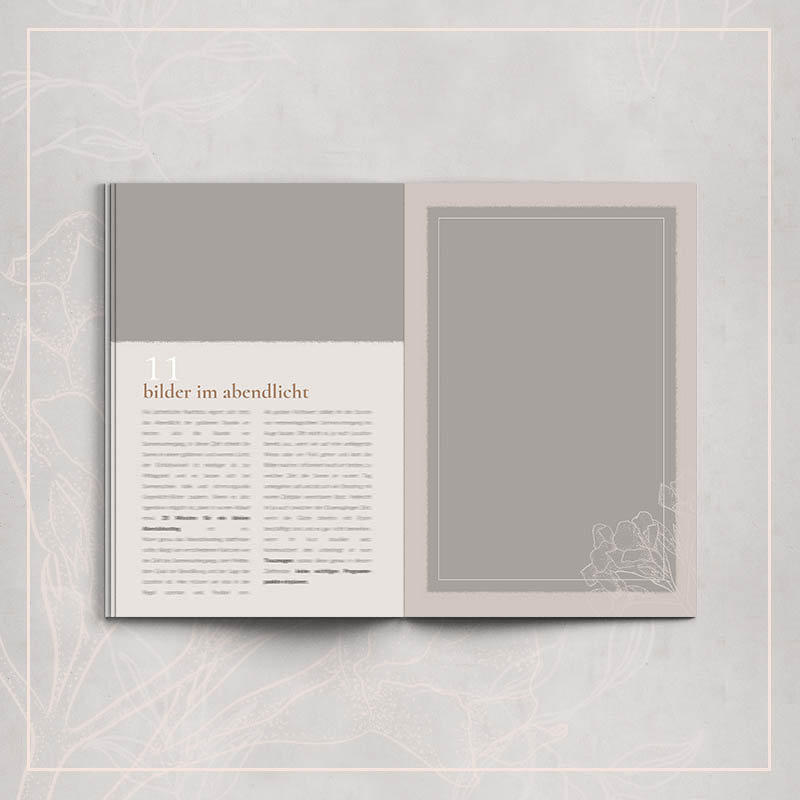 Wedding Guide Doppelseite 'bilder im abendlicht' mit Textbereich und Platzhalter für Fotografie