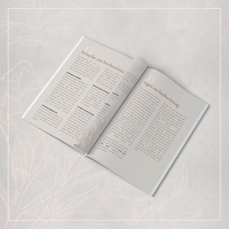 Wedding Guide Doppelseite mit Kapitel 'bräuche am hochzeitstag' und 'regeln am hochzeitstag' vor weißem Hintergrund