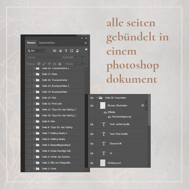 Screenshot eines Photoshop-Dokuments mit mehrschichtiger Ebenenstruktur und Text-Elementen für ein Wedding-Guide-Projekt
