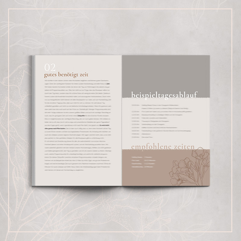 Wedding Guide Doppelseite mit Kapitel 02 'gutes benödigtzeit' und 'beispieltagesablauf' sowie 'empfohlene zeiten'