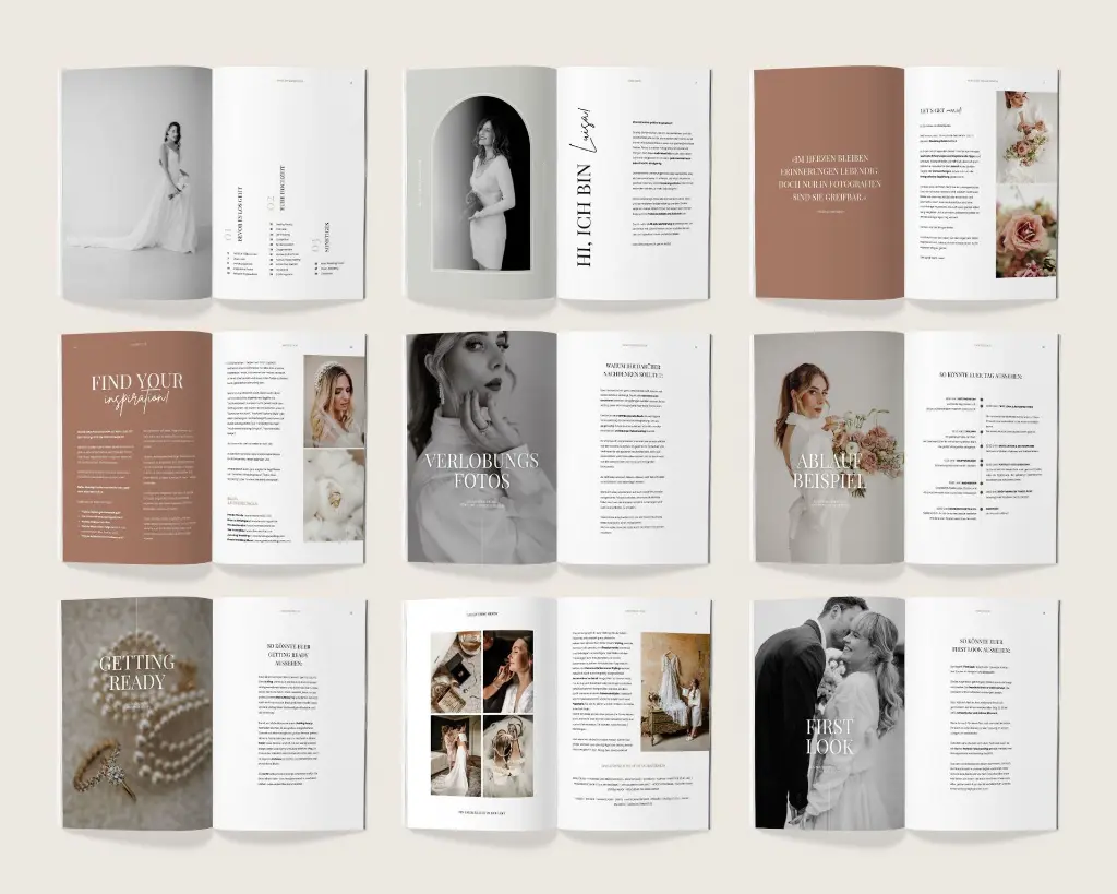 Neun Doppelseiten des Wedding Guides mit verschiedenen Kapiteln und Fotogalerien