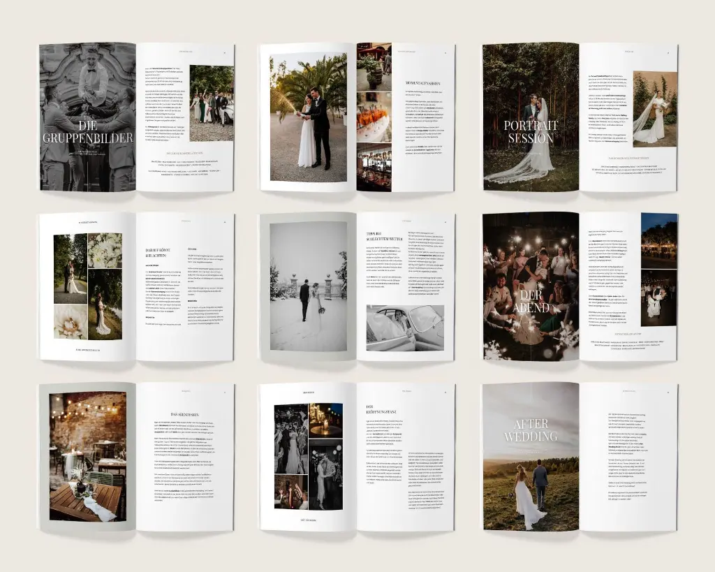Neun Doppelseiten mit Hochzeitsfotografie, Portraitsession und Feierszenen