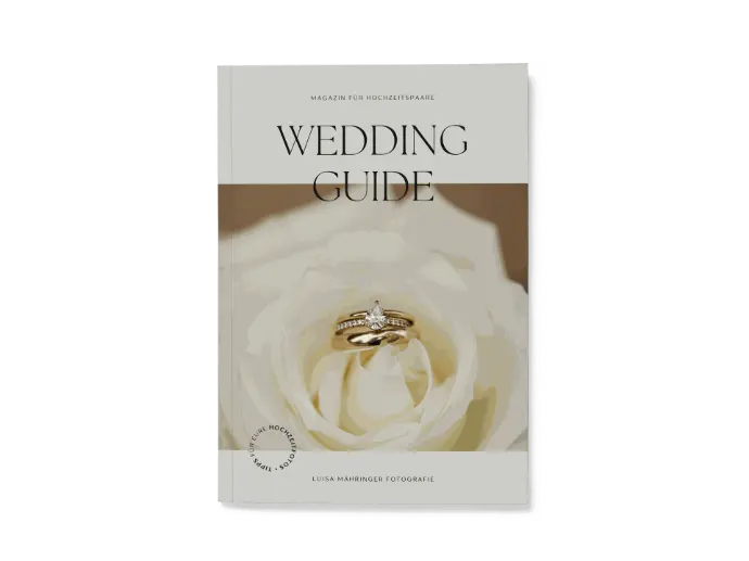 Wedding Guide Design-Vorlage Titelseite mit Ringfoto auf weißer Rose