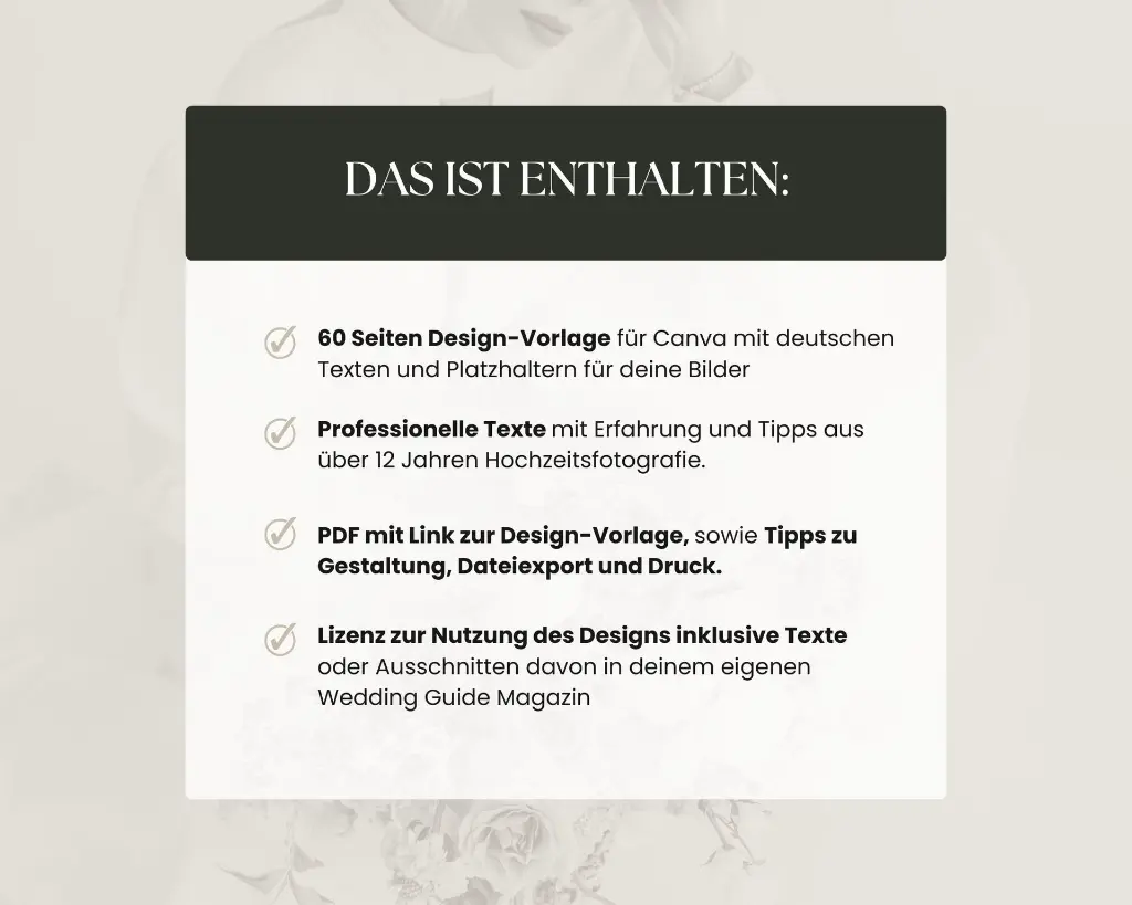 Text auf grauem Hintergrund mit Checkliste zum Inhalt des Wedding Guides
