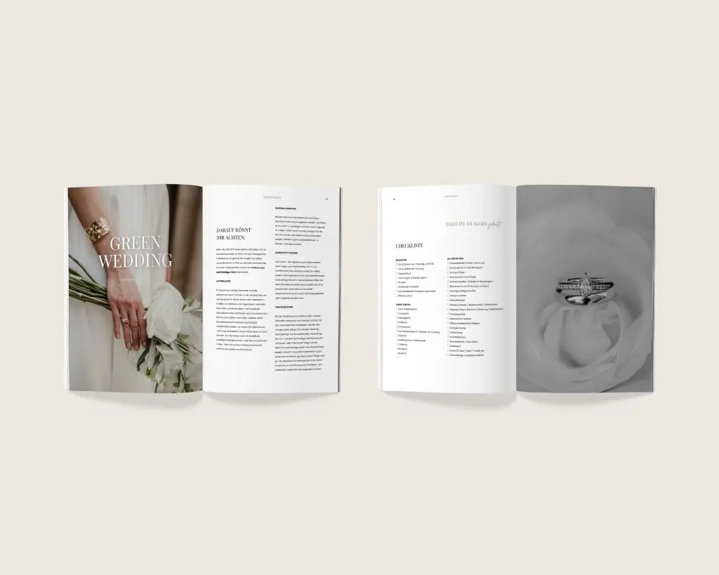 Zwei Doppelseiten mit Green Wedding und Hochzeitsring sowie Checklisten