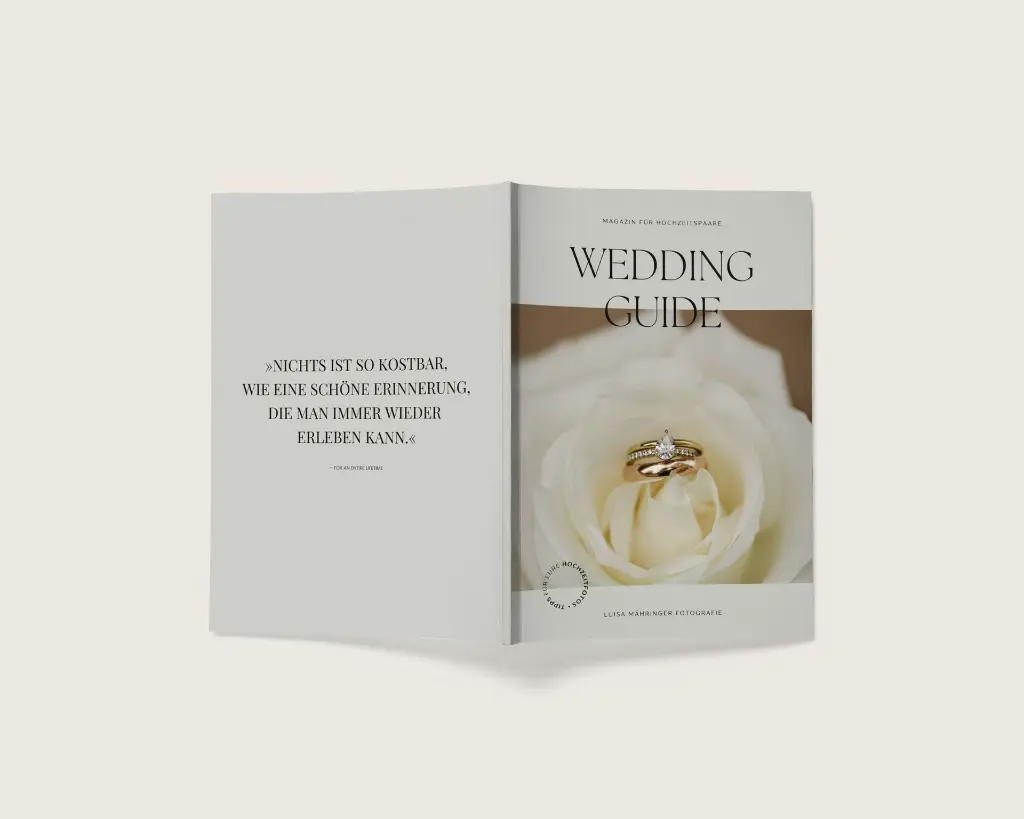 Wedding Guide Design-Vorlage als aufgeschlagenes Magazin mit Ringdesign auf weißer Rose