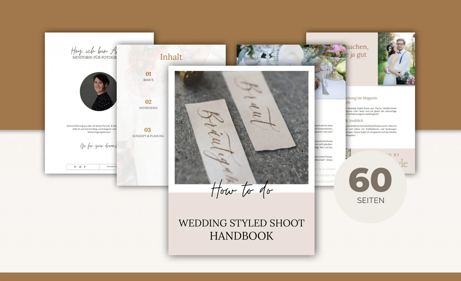 Mockup-Collage des Wedding Styled Shoot Handbook mit mehreren Seiten und 60 Seiten Umfang auf beigem Hintergrund