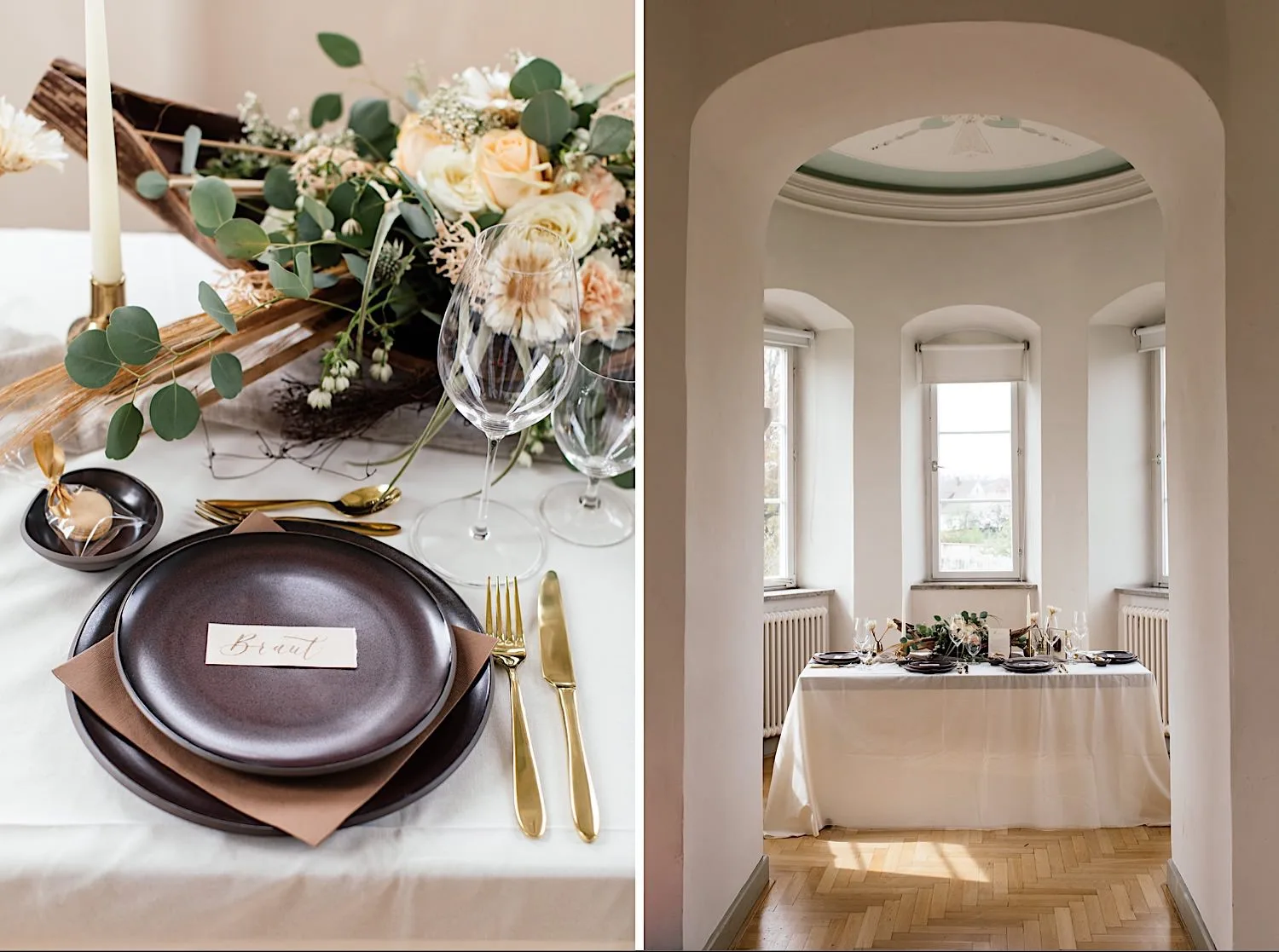 Split-Image: Links Tischgedeck mit Brautstrauß und Besteck, rechts eleganter Saal mit rundem Tisch und Säulen