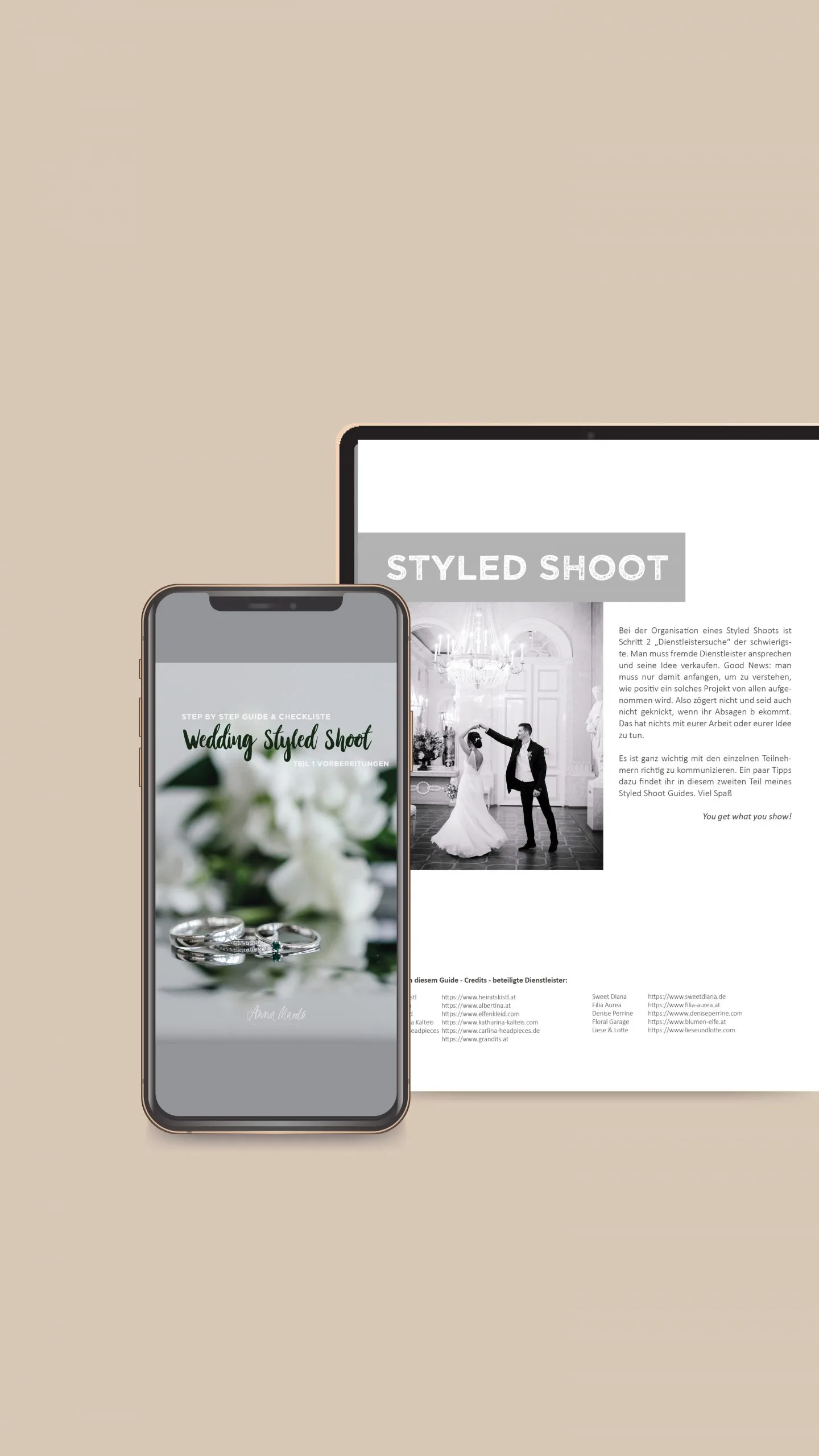 Smartphone und Tablet zeigen Wedding Styled Shoot Guide mit Anleitung zum Hochzeits-Styled-Shoot auf beigem Hintergrund