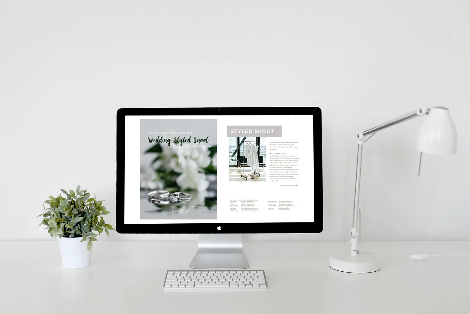 iMac-Monitor zeigt Wedding Styled Shoot Anleitung mit Trauringen und Hochzeitsphotographie-Content