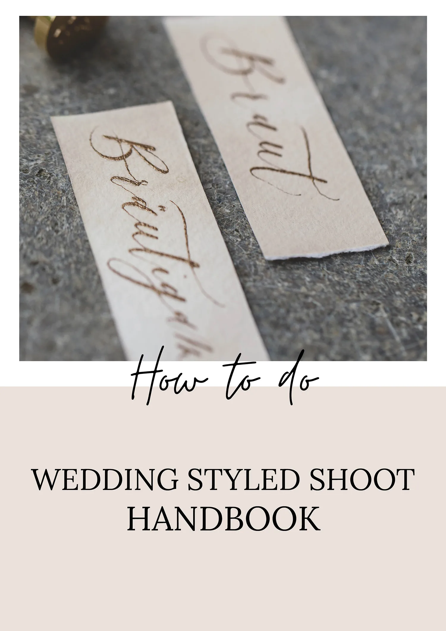 Wedding Styled Shoot Handbook Cover mit handgeschriebenen Namen auf Papierstreifen und Anleitung