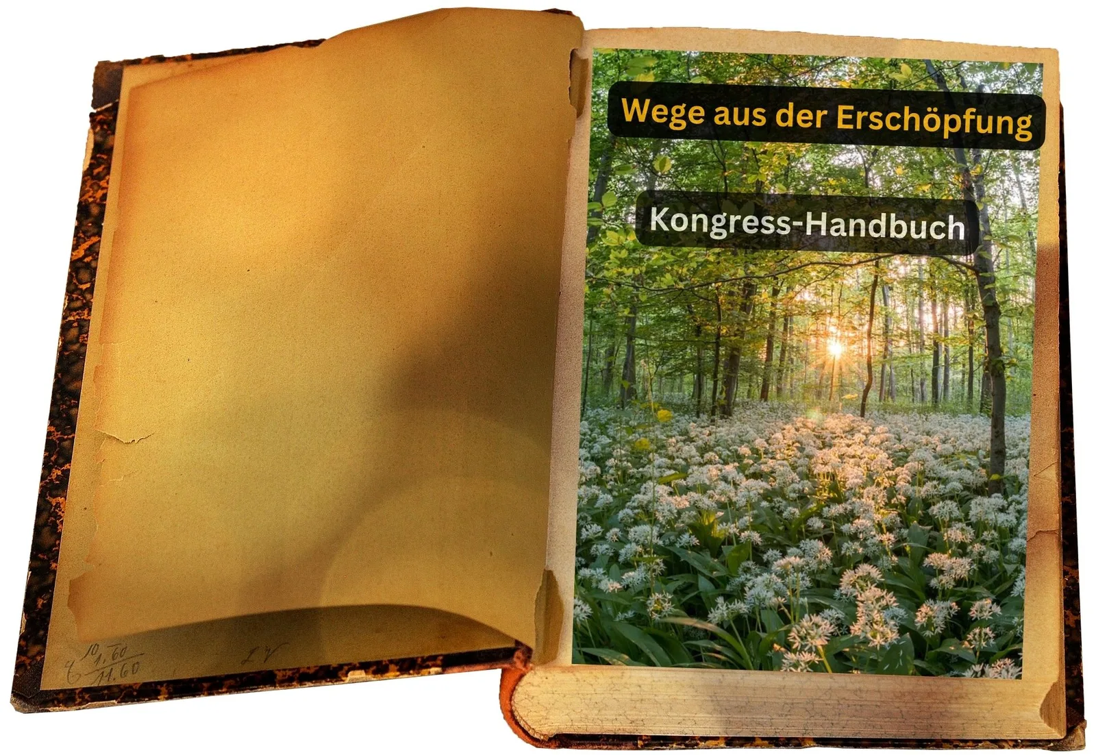 Aufgeschlagenes Vintage-Buch mit Überschrift Wege aus der Erschöpfung Kongress-Handbuch und Waldmotiv
