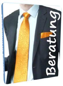 Beratungs-Mockup mit Geschäftsmann in dunklem Anzug und gelbem Schlips, Text Beratung