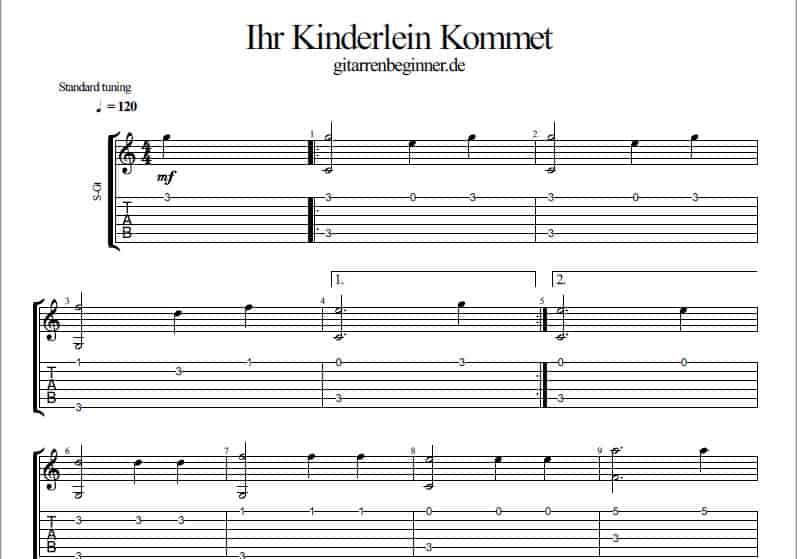 Gitarren-Noten für Lied 'Ihr Kinderlein Kommet' mit Standardstimmung und Tabulatur