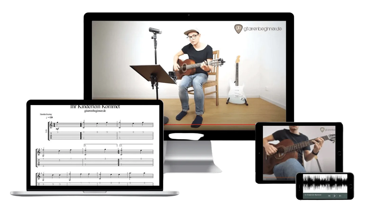 Mockup zeigt Gitarrenbeginner.de Inhalte auf Laptop, Tablet und Smartphone mit Noten und Videotutorial