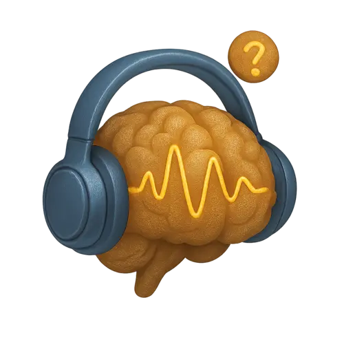 Weisheiten des Masaru Emoto – Affirmations-Audio zu Wasser 5 Icon: Braun-goldenes Gehirn mit Kopfhörern und gelbem Fragezeichen-Symbol