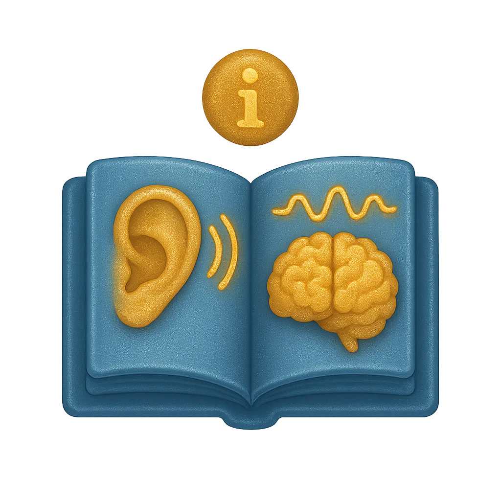 Weisheiten des Masaru Emoto – Affirmations-Audio zu Wasser 8 Icon: Offenes Buch mit blauem Umschlag, Ohr-Symbol, Gehirn-Symbol und goldenem Info-Symbol oben