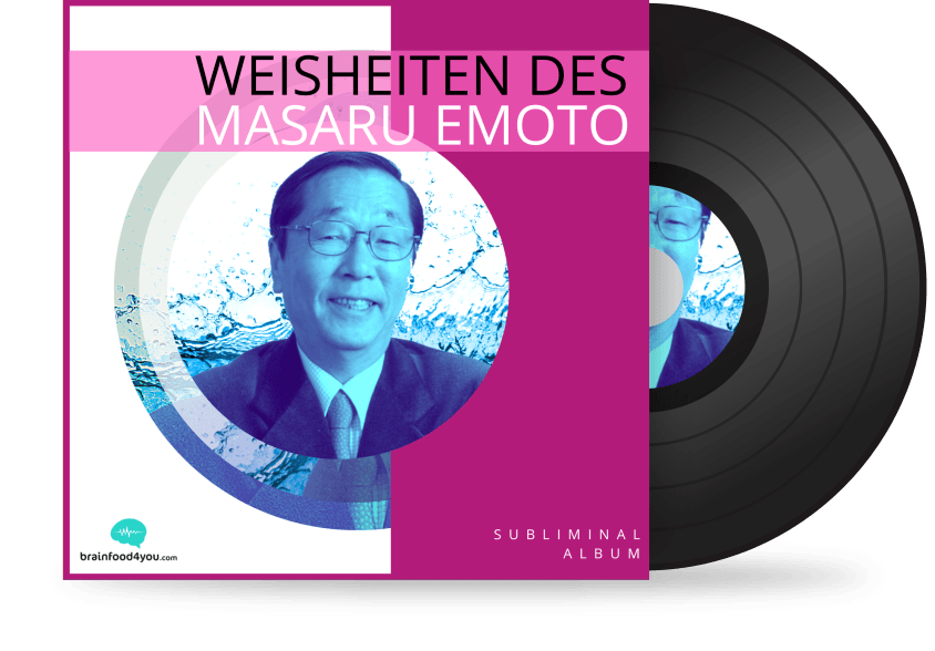 Weisheiten des Masaru Emoto – Affirmations-Audio zu Wasser 2 Album-Cover Weisheiten des Masaru Emoto mit Vinyl und Porträt auf Magenta-Hintergrund