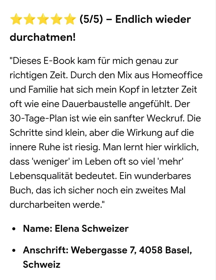 Fünf-Sterne-Bewertung von Elena Schweizer für Weniger ist mehr E-Book