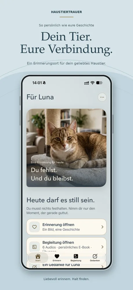 App-Mockup Haustiertrauer mit Katzenfoto und Text Dein Tier. Eure Verbindung.