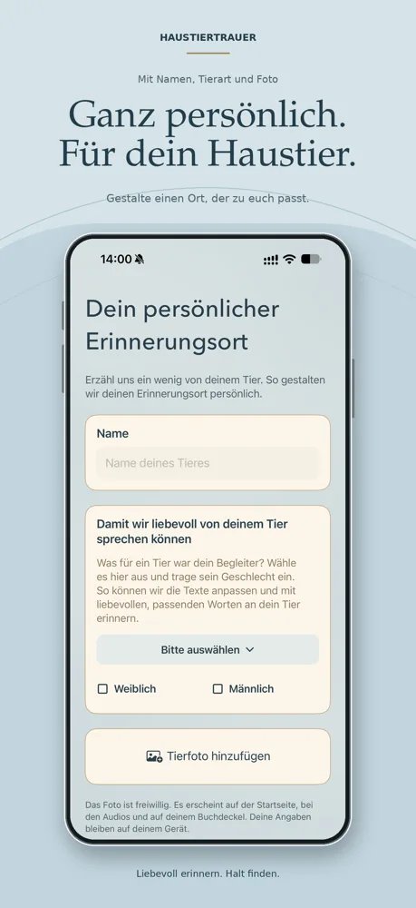 App-Mockup Haustiertrauer Personalisierung mit Eingabefeld Name und Tierart