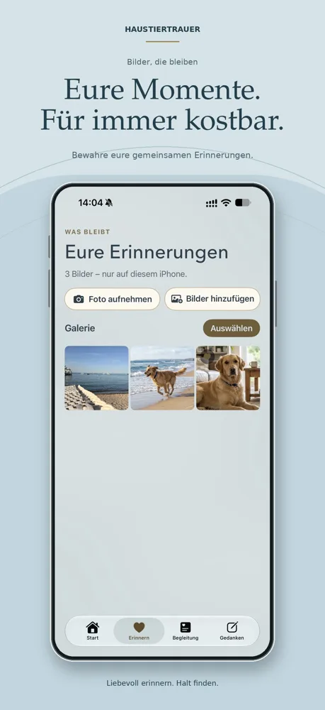 App-Mockup Haustiertrauer Fotogalerie mit drei Beispielbildern von Stränden und Hund
