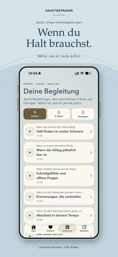 App-Mockup Haustiertrauer Audioinhalte mit sechs Begleitungen zu Trauerphasen