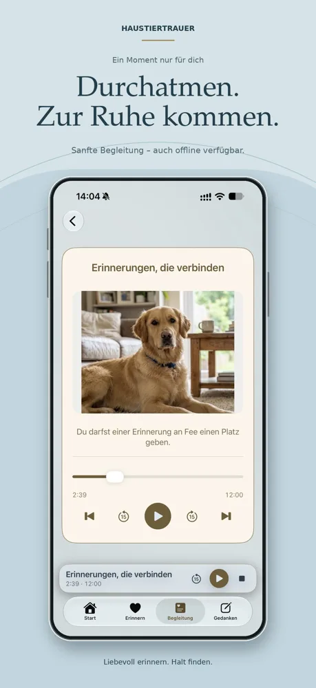 App-Mockup Haustiertrauer Audioplay mit Hundenfoto und Mediensteuerung