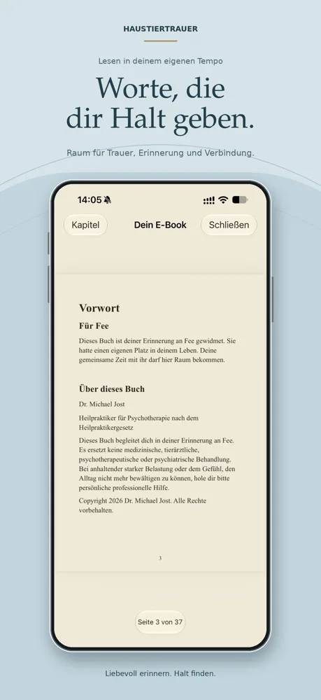 App-Mockup Haustiertrauer E-Book Inhaltsseite mit Vorwort und Informationen zum Autor