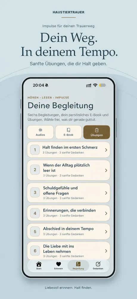 App-Mockup Haustiertrauer Übungen mit sechs nummerierte Lektionen zu Trauerbewältigung