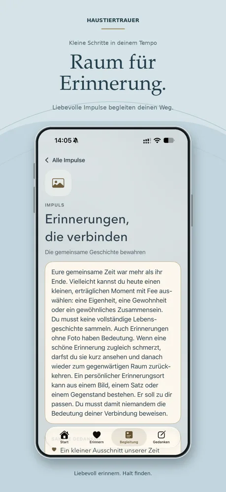 App-Mockup Haustiertrauer Impulsesammlung mit Textimpuls zur gemeinsamen Geschichte