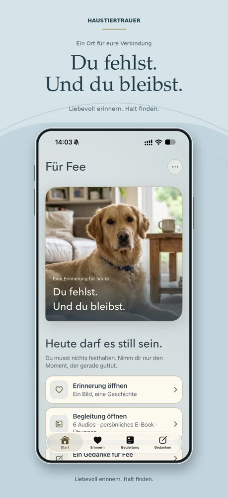 App-Mockup Haustiertrauer mit Hundenfoto und Text Du fehlst. Und du bleibst.