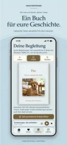 App-Mockup Haustiertrauer E-Book mit Vorschau eines Gedenkbuches für Hund Fee