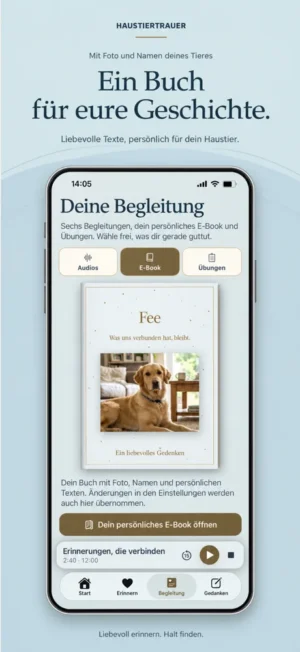 App-Mockup Haustiertrauer E-Book mit Vorschau eines Gedenkbuches für Hund Fee